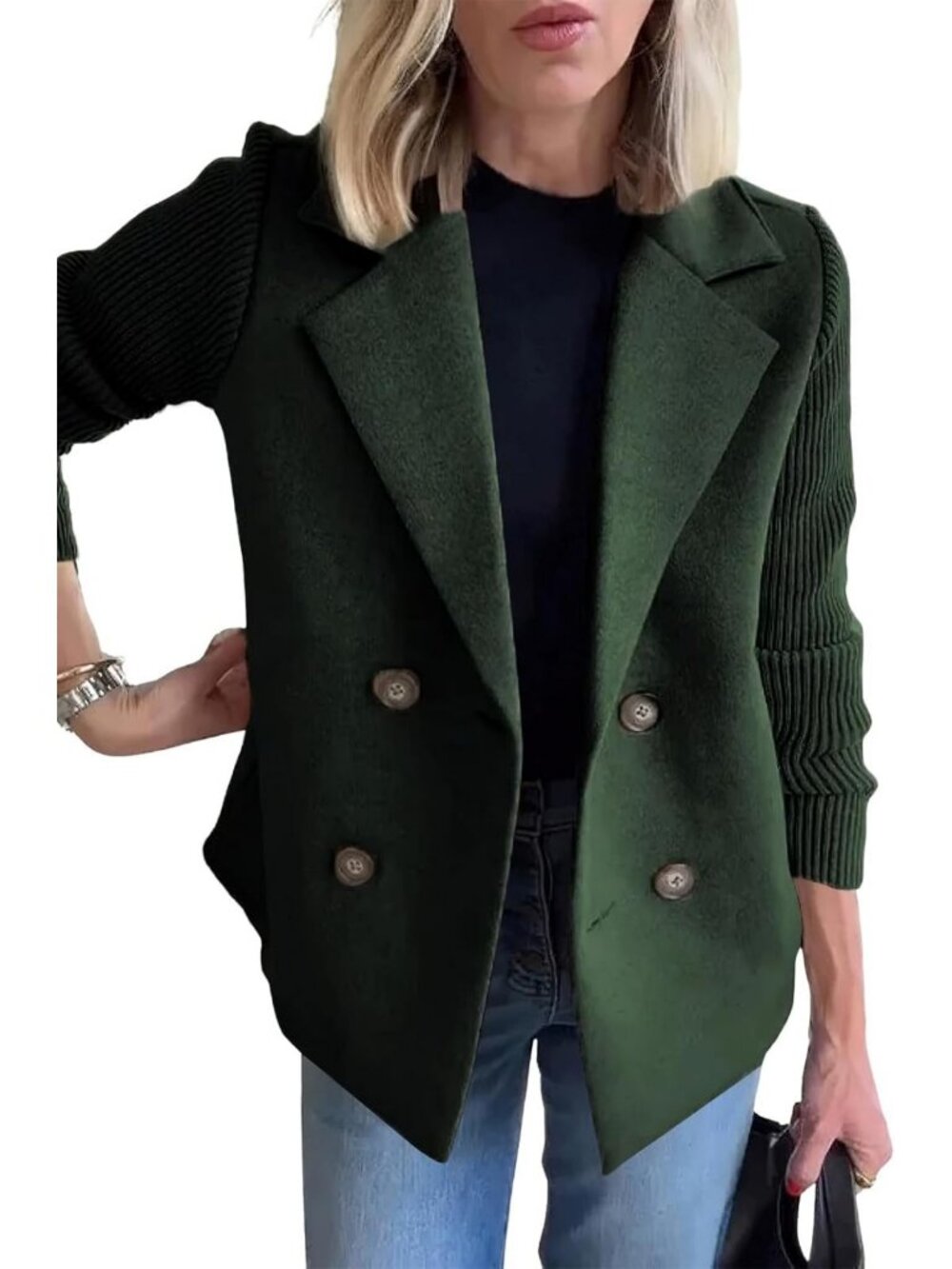 Chic Women's Double Breasted Wool Pea Coat & Ribbed Knit Long Sleeve Blazer